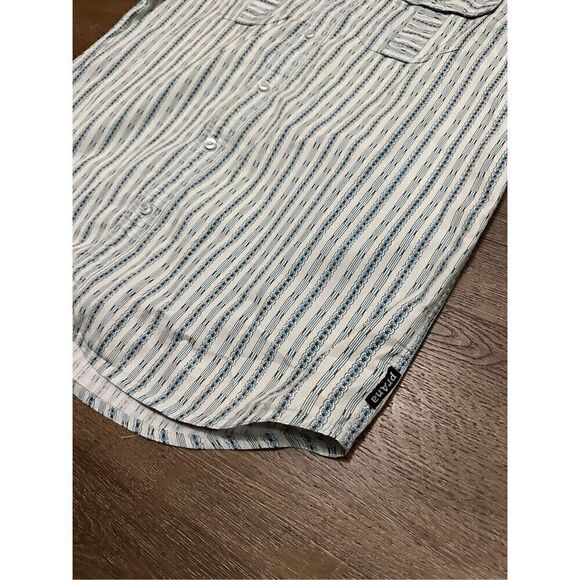 Prana Mens Striped Geometric Button Up Shirt Chest Pockets Organic Cotton Sz M - Picture 2 of 9
